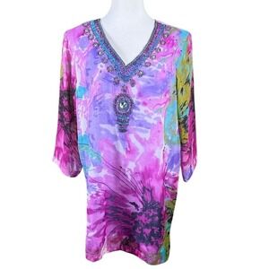 Ulla Popken Relaxed Fit Tunic Top 12/14 Purple Pink Floral Beaded V-Neck Chiffon